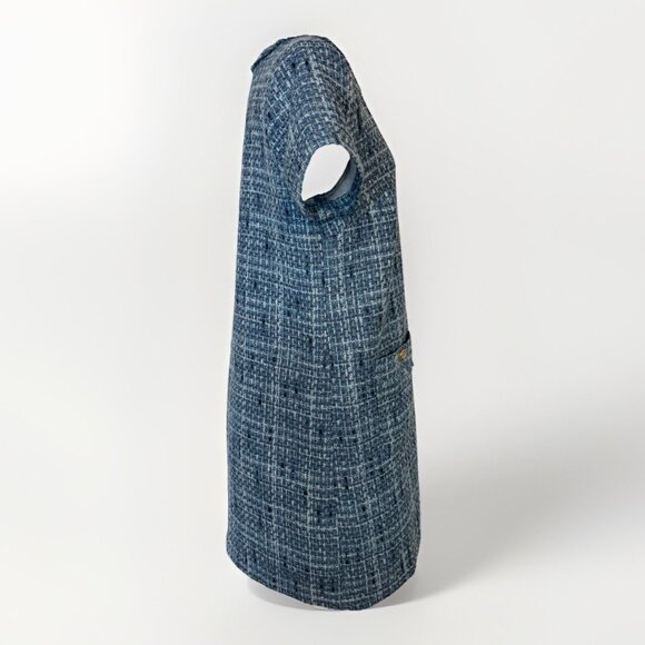 LOFT Womens Tweed Mini Pocket Dress 12 Blue Gold Buttons Fringe Old Money 60s - Picture 4 of 16